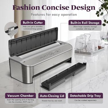 Вакууматор Mesliese 85kPa 120W для продуктів, автоматична машина для вакуумного пакування з вбудованим різаком та відсіком для пакетів, сталь, 2 рулони в комплекті