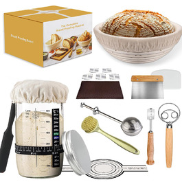 Набір для приготування закваски: кошик для бродіння (Banneton), скляна тара, ніж для хліба (Bread Lame), скребок для тіста, скребок-лопатка та силіконовий хлібний гребінець