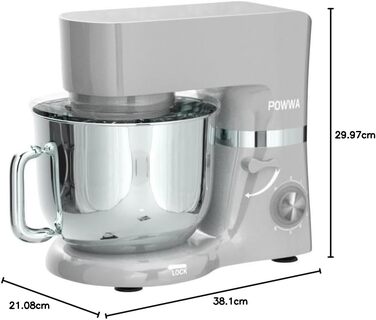 Кухонна машина POWWA 5.5L з 6 швидкостей, 1500W, для замішування тіста, з міксером, гаком для тіста та захистом від бризок (срібна)