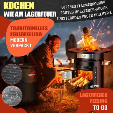 Печь-ракета KESSER® з чавунною сковородою-грилем | з щипцями та сумкою | Dutch Oven з 6 шипами | Дров'яна піч-ракета для BBQ | Кухоль для кемпінгу, відпочинку на природі, грилю | Нержавіюча сталь, чорний/сріблястий
