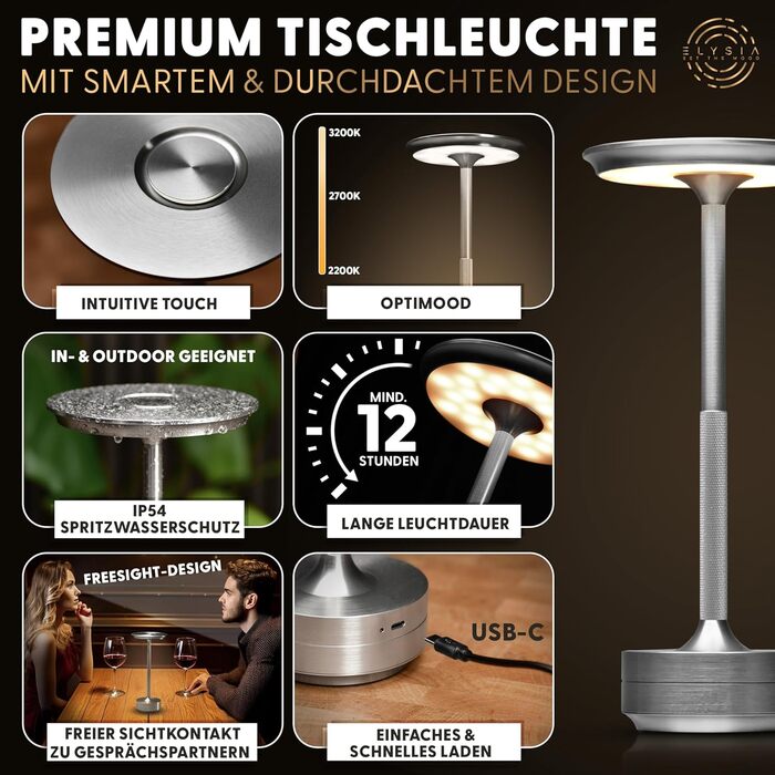 LED-лампа ELYSIA на акумуляторі: диммування, бездротове підключення, сенсорне керування, IP54, 2200-2700K, USB-C, для дому та саду, алюміній, срібло