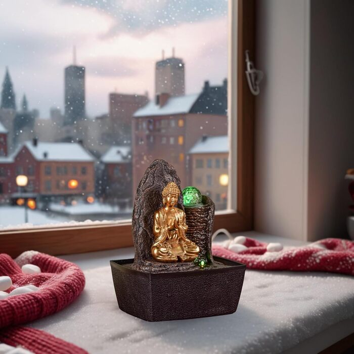 Джерело води Zen'Light від Zimmerbrunnen: Будда, LED-підсвітка, для медитації та релаксації. Декор у стилі фен-шуй, висота 26 см, горіх (Haka)