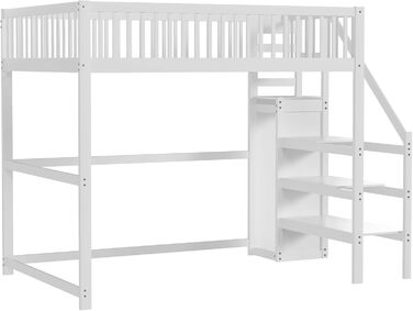 Ліжко-горище Merax для односпального матраца 140x200 см з шафою та сходами, масивне дерево, білий колір (без матраца)