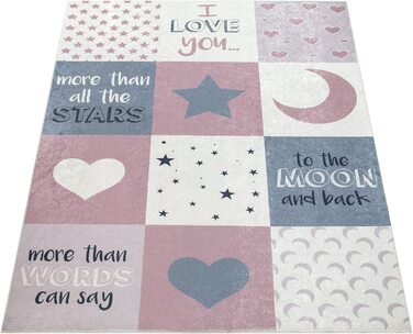 Домашній дитячий килим Paco для дитячої кімнати, сердечка, що миються для дівчаток, зірки, Місяць, рожевий, сірий, Розмір (160x230 см)