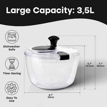 Салатниця-відцентрофуга з піддоном, миска та сито, швидка та проста у використанні, універсальна, 3.7 л