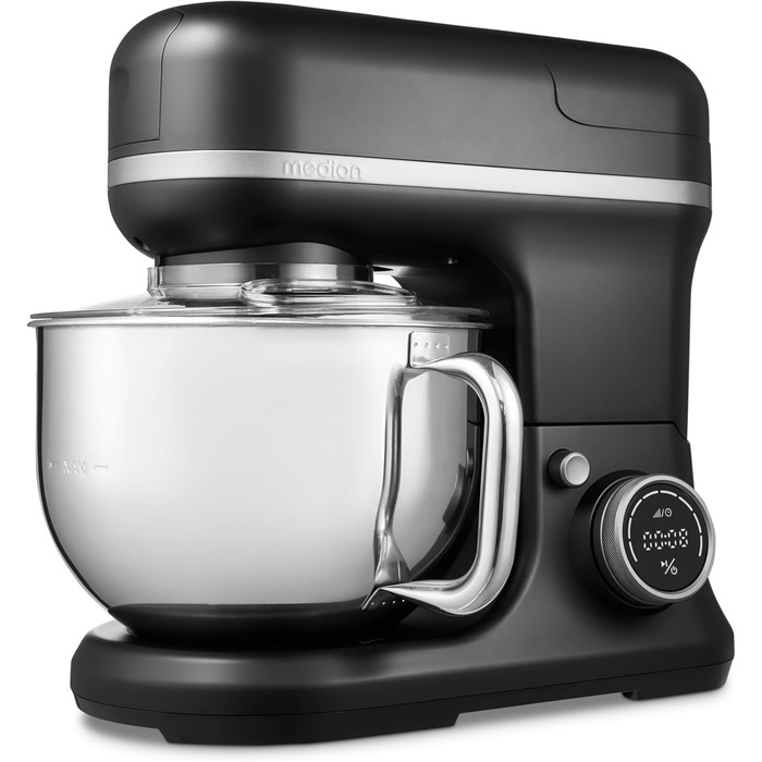 Кухонна машина MEDION MD18430: 3-в-1 (міксер, м'ясорубка, кухонний комбайн), 5 л чаша з нержавіючої сталі, 1200 Вт, подрібнювач, нарізувач, цифровий дисплей, чорний