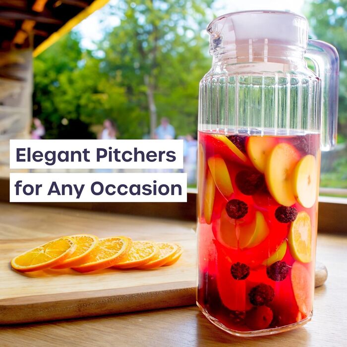 Скляний глечик для холодильника 1л з кришкою (2 шт.) – набір скляних глечиків з рифленим дизайном та ручкою для холодильника та щоденного використання з вентильованим носиком, 2 шт.