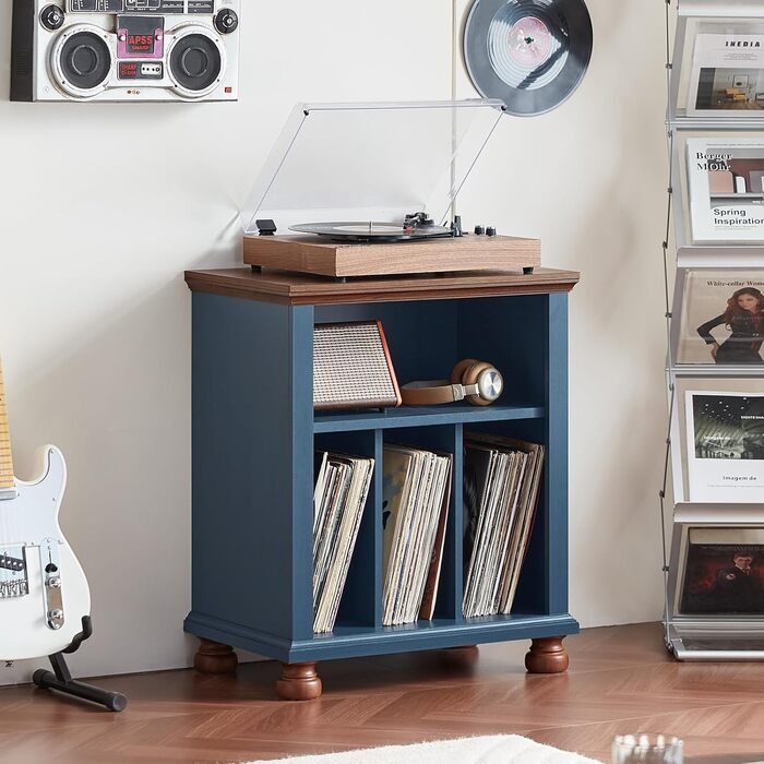 LELELINKY Підставка для програвача, полиця для платівок, містить до 200 платівок, великий дерев'яний стіл для програвача, полиця для платівок у вітальню, спальню, офіс (Блакитний)