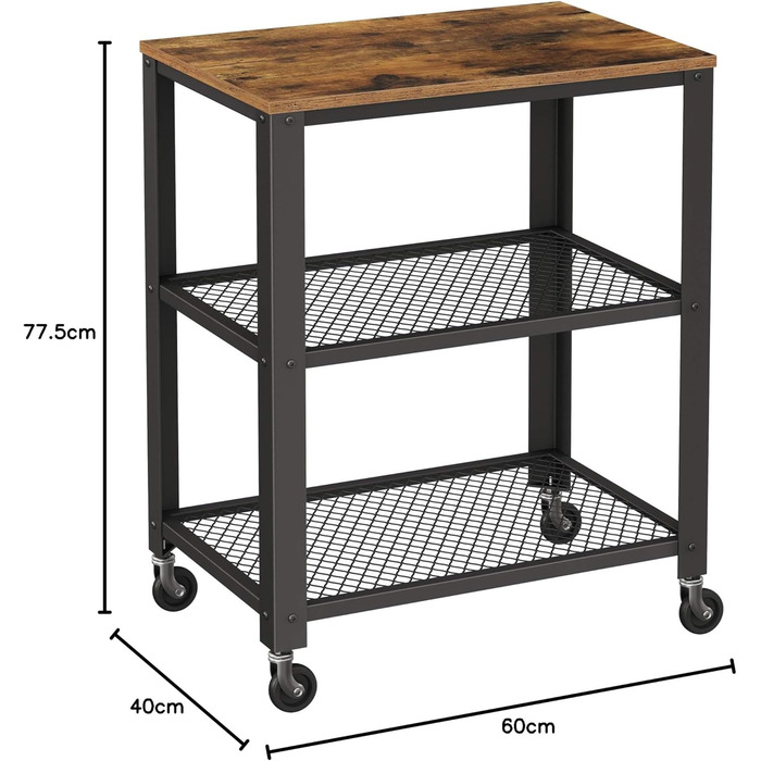 Сервісний столик VASAGLE з 3 ярусами, вінтажний, рустикальний, з роликами, для кухні та вітальні, міцний, з дерев'яною платформою, LRC78X