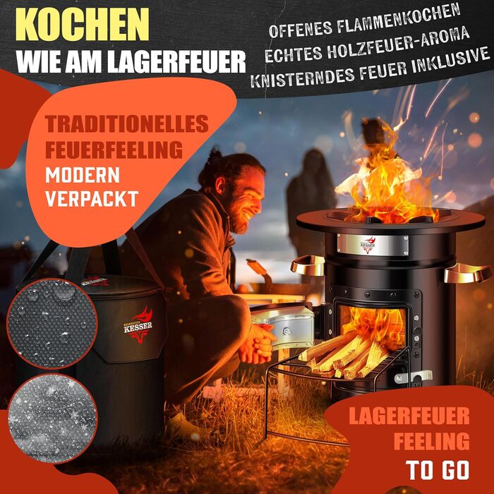 Печь-ракета KESSER® з чавунною сковородою-грилем | з щипцями та сумкою | Dutch Oven з 6 шипами | Дров'яна піч-ракета для BBQ | Кухоль для кемпінгу, відпочинку на природі, грилю | Нержавіюча сталь, чорний/сріблястий