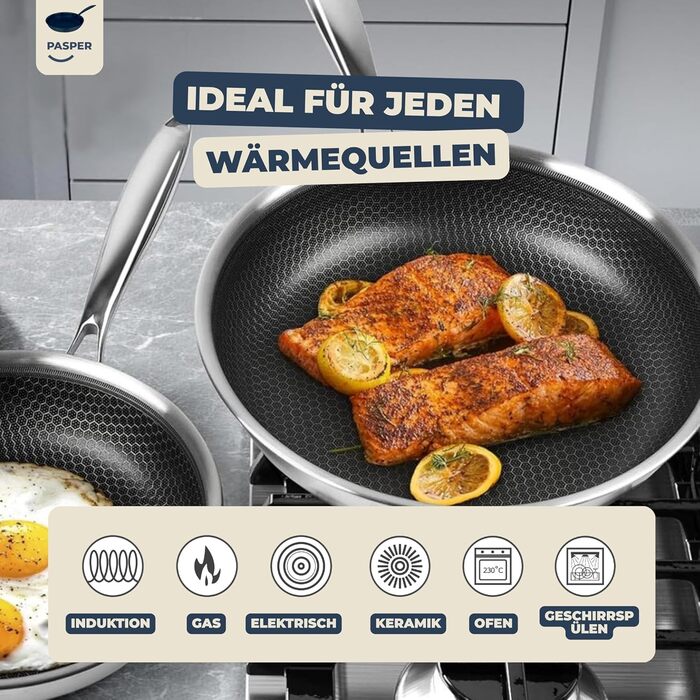 Пательня Pasper Ø 24 см – без PFAS, PTFE та PFOA – для індукційних, електричних, керамічних, газових плит та духовки – нержавіюча сталь з антипригарним покриттям у вигляді стільникового малюнку, придатна для миття в посудомийній машині