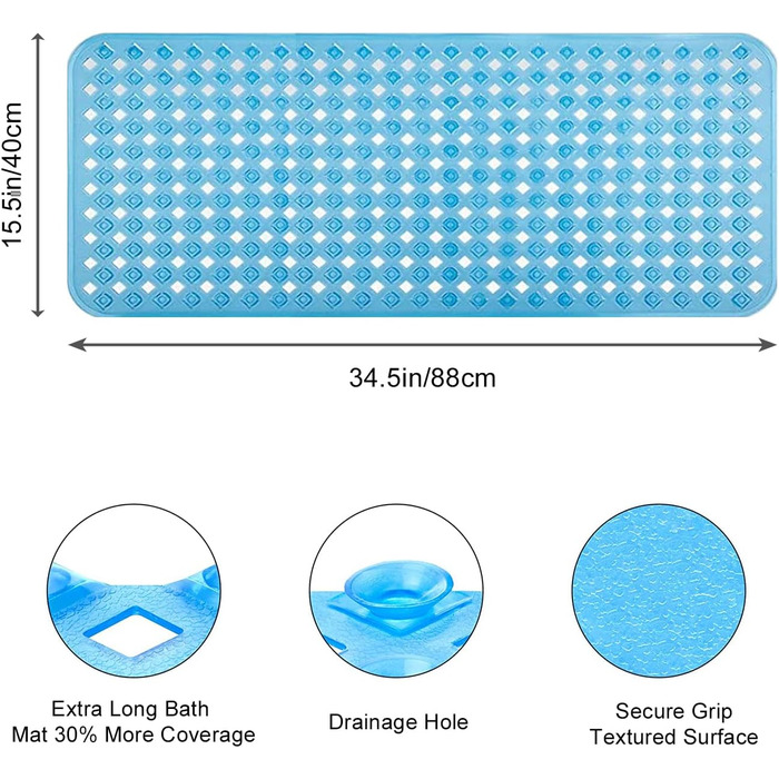 Нековзний килимок для ванни, Килимок для ванни з присосками, подовжений килимок для душу 88x40 см, нековзний, швидковисихаючий килимок для душу, нековзний килимок для ванної (сірий) (40 х 88 см, синій)