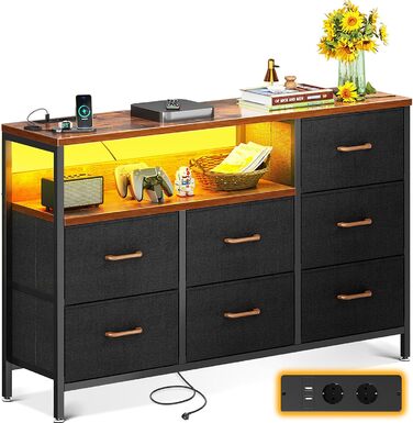 Комод Coleshome з висувними ящиками, LED-підсвічуванням, 2 USB-портами та розетками, 7 тканинних ящики, 132*30*89 см (Ретро колір)