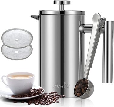 Френч-прес для кави MeelioCafe об'ємом 0,35 літра(2 чашки), термостійкий боросилікатний кавовий прес, маленький кавовий прес, 350 мл, чорний (сріблястий, 1000 мл)