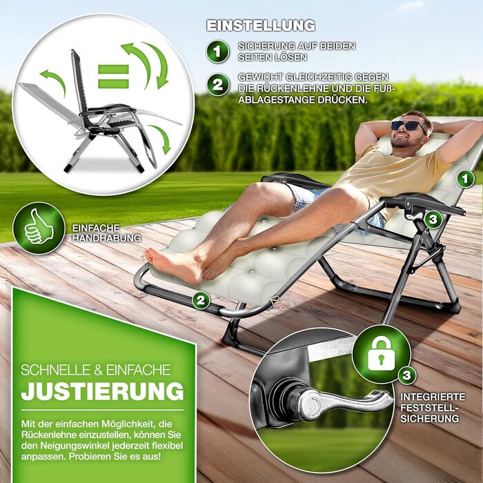 Розкладний шезлонг Tillvex® для саду та відпочинку на вулиці | Максимальне навантаження 200 кг, регульована спинка, товсте положення, подушка для шиї | Для балкона, саду та тераси | Бежевий колір