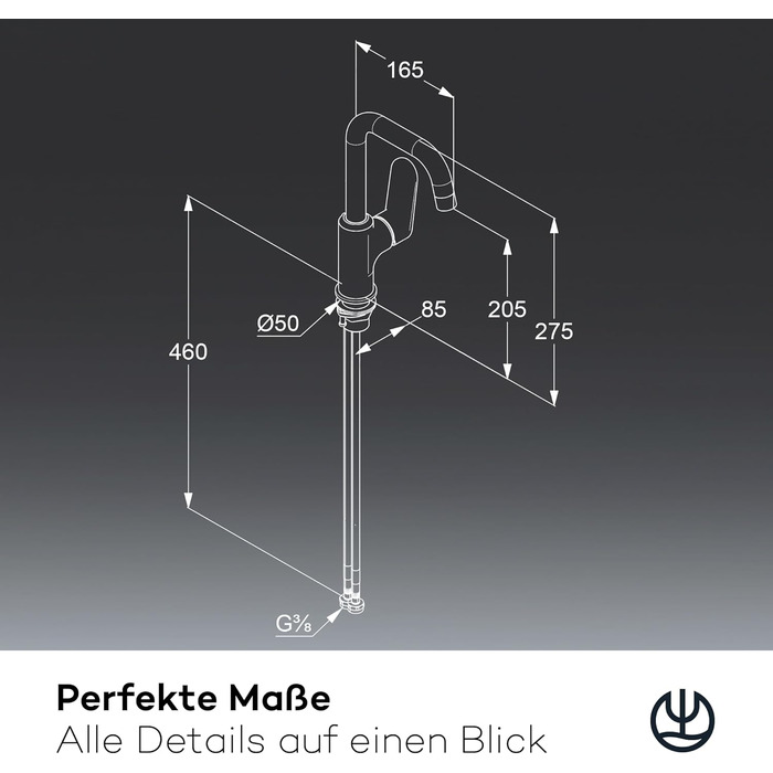 Змішувач для умивальника KLUDI-X1 з витяжним корком, поворотний на 360°, висота виливу 205 мм, водозберігаючий, розмір L, з підключувальними шлангами (без зливної арматури, хром)