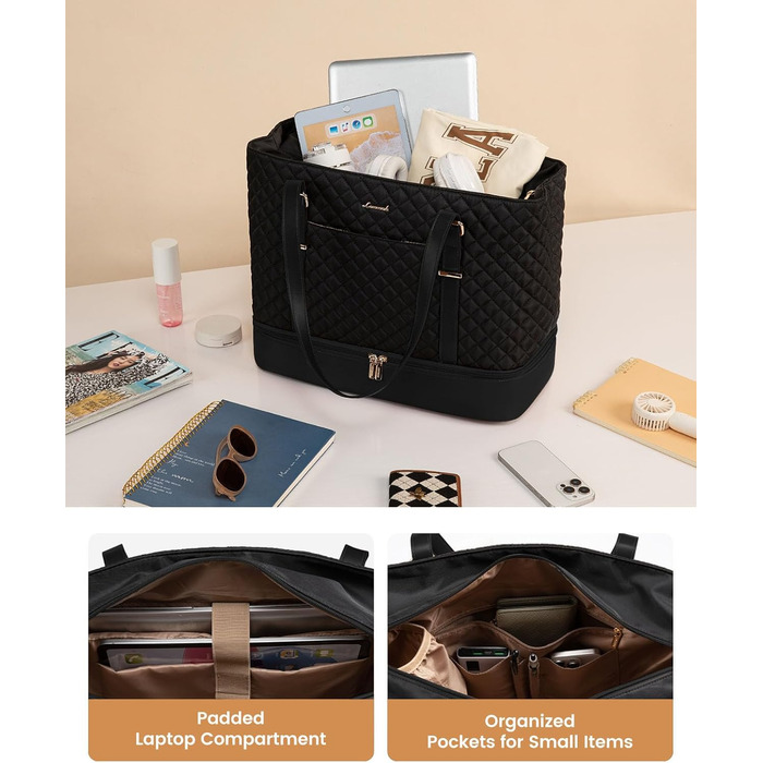Сумка для ноутбука LOVEVOOK 15.6 дюймів для жінок з відділенням для ланчу, сумка-шопер, ділова сумка, портфель, сумка для навчання, містка, водонепроникна, чорна
