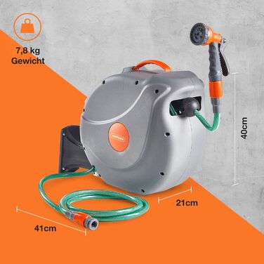 Шланг-змотчик VonHaus 30м з автоматичним підйомом, поворотний на 180°, з пістолетом для поливу (20м)