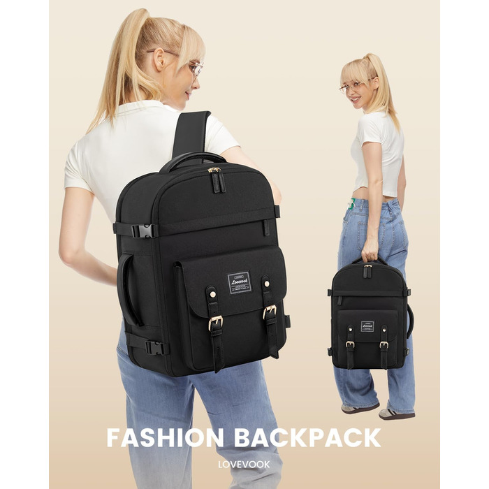 LOVEVOOK Рюкзак для ручної поклажі, жіночий рюкзак для подорожей, водонепроникний рюкзак для ноутбука 17 дюймів, шкільний рюкзак для жінок/студенток, чорний/коричневий (45x32x15 см)