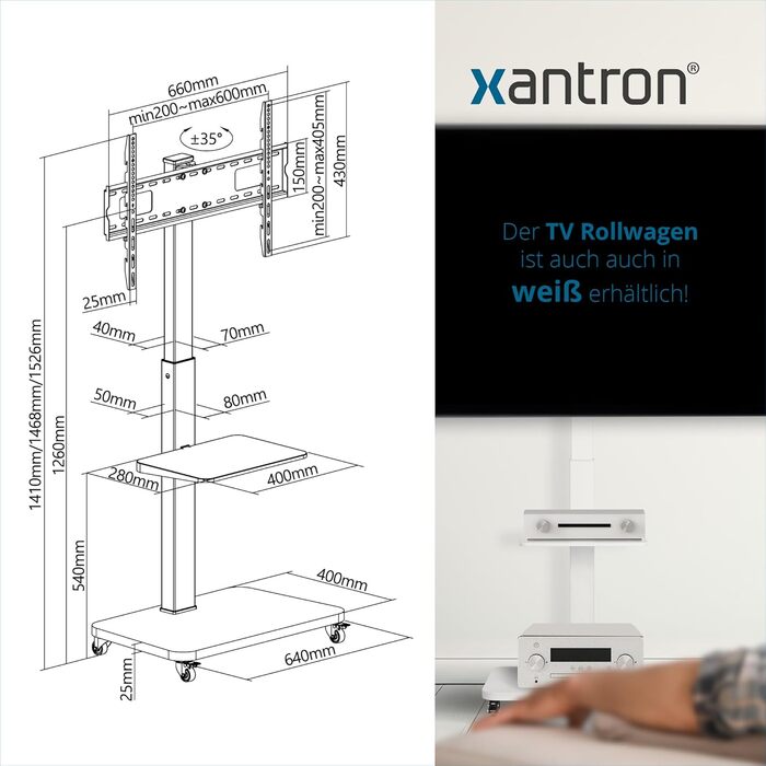 Рулонна підставка під телевізор Xantron регулюється по висоті до 75 дюймів з полицею