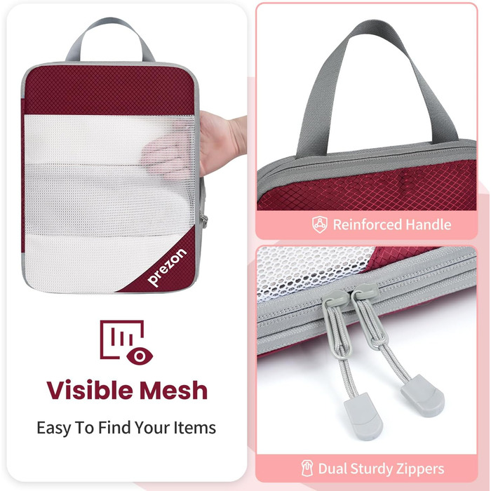 Набір компресійних органайзерів для одягу в подорож, 6 шт, прозорі пакувальні куби для валізи, легкі та міцні з катіонової тканини, бордовий колір