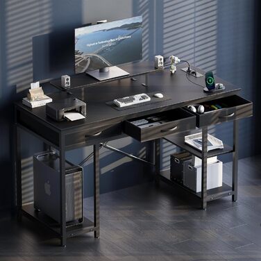 Комп'ютерний стіл Claiks з 3 шухлядами, полицею, 2 розетками та 2 USB-портами для зарядки, білий (120 x 60 см), чорний