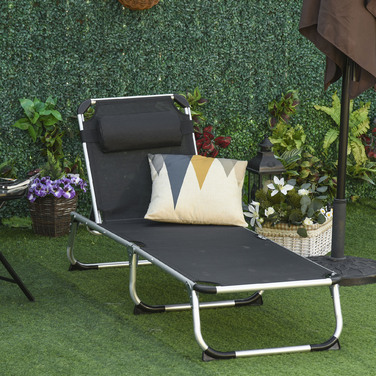 Outsunny Sun Lounger Садовий шезлонг 5-позиційний регульований складний ергономічний з сіткою чорний 170 x 60 x 76 см для відпочинку на свіжому повітрі