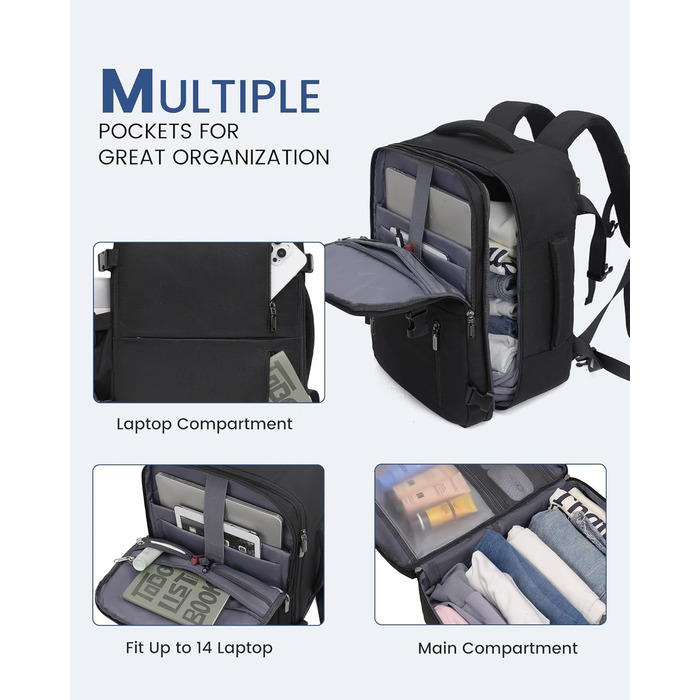 Рюкзак LOVEVOOK для ручної поклажі 40x30x20, 24л, для ноутбука 14 дюймів, з USB, чорний