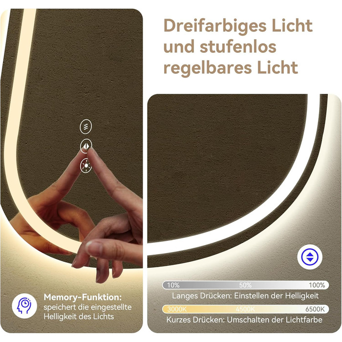 Дзеркало для ванної кімнати YOURLITE з підсвічуванням, 85x55 см, LED, сенсорне керування, 3 кольори світла, регулювання яскравості, антизапар, горизонтальне/вертикальне, IP44, білий