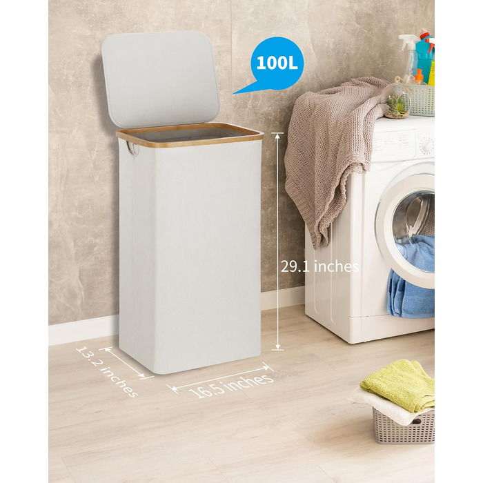 Великий кошик для білизни з кришкою, 100 л, з бамбуковими ручками, для зберігання одягу та іграшок, складний, з внутрішньою кишенею, для спальні та ванної кімнати