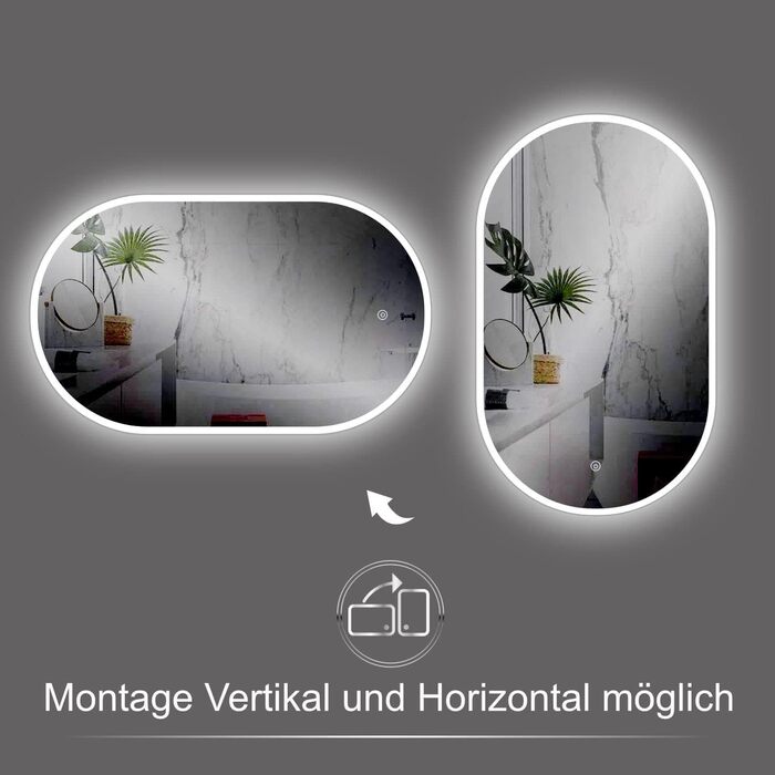 Дзеркало для ванної кімнати овальне з підсвічуванням 75x45 см, LED, сенсорне керування, зміна кольору світла (тепле/холодне/нейтральне)