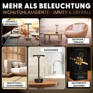 LED-лампа ELYSIA на акумуляторі, торшероподібна, диммування, бездротова, сенсорна панель, для внутрішнього та зовнішнього використання [IP54], тепле світло [2200K-2700K-3200K], USB-C, перезарядна, алюміній, чорна