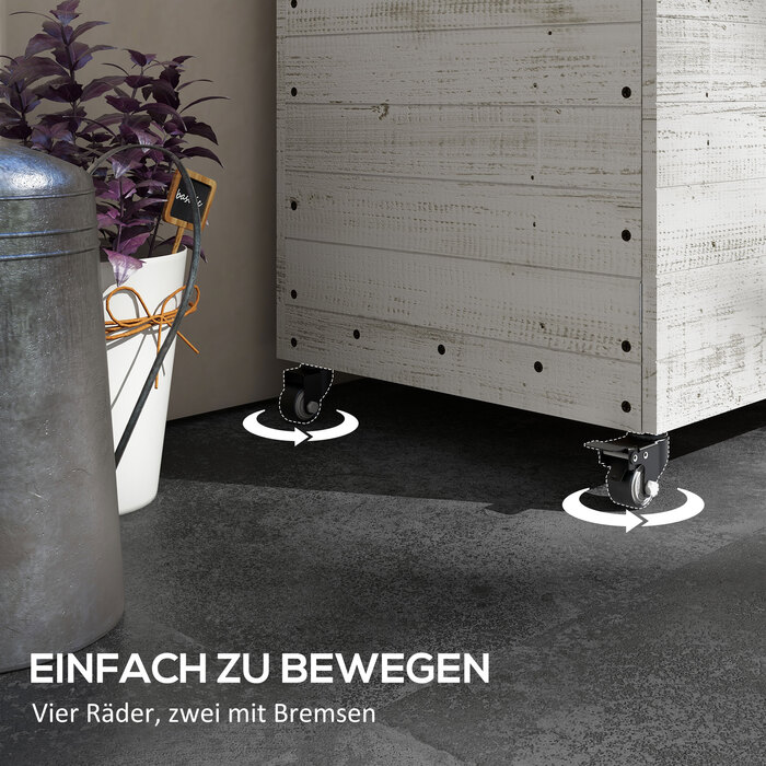 Підвищене грядка на колесах, з полицею, внутрішнім покриттям, ефект потертостей, 110x50x95 см, білий