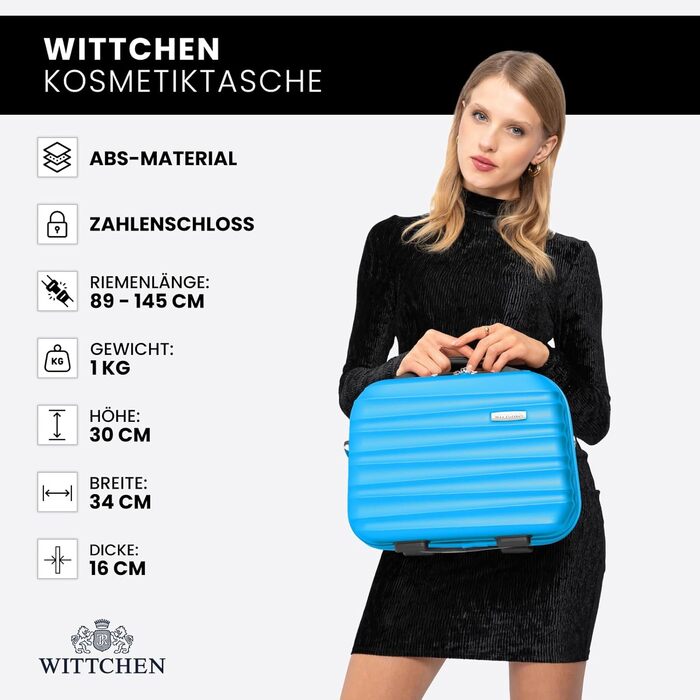 Набір валізWITTCHEN 3 в 1: велика, середня, маленька. Валізи на колесах з ABS, з кодовим замком, 4 колеса, Groove Line. Підходить для Lufthansa, Eurowings, Ryanair, Condor. (Синій, косметичка)