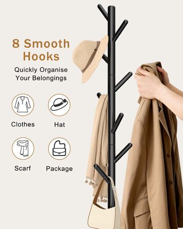 Дерев'яна вішалка для одягу Yawinhe, 180 см, 8 гачків, 3 рівня висоти, чорна