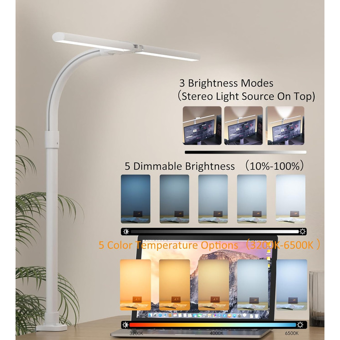 LED настільна лампа LOTTBUTY з регулюванням яскравості, 24W, 80см, для офісу та дому, з гнушим шийкою (біла)
