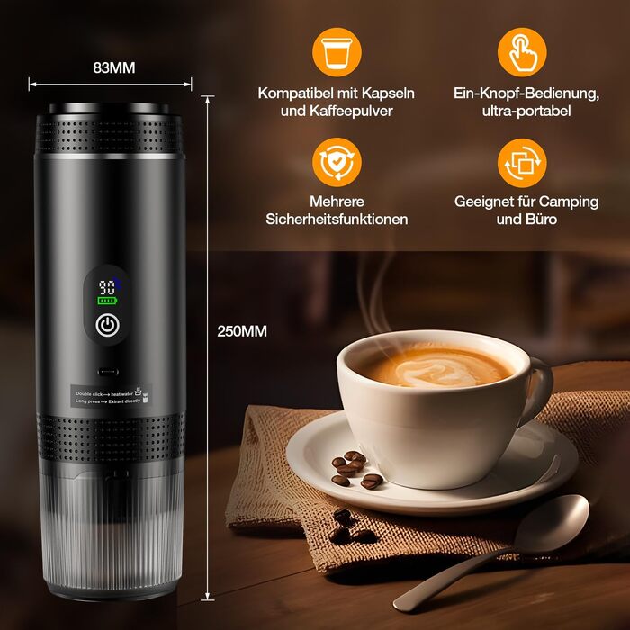 Міні кавомашина FNITAER для подорожей: 3-в-1, акумулятор, USB, капсули та мелена кава, для авто, кемпінгу, чорний