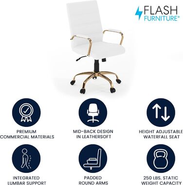 Офісний крісло Flash Furniture - крісло для шефа, біле шкіряне, з червоно-золотим каркасом, 61 x 58,5 x 103,5 см