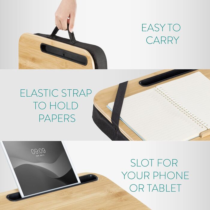 Підставка для ноутбука Navaris з подушкою 44x32x6 см - дерев'яна підставка з м'якою подушкою для ноутбука та планшета - чорний колір, натуральне дерево