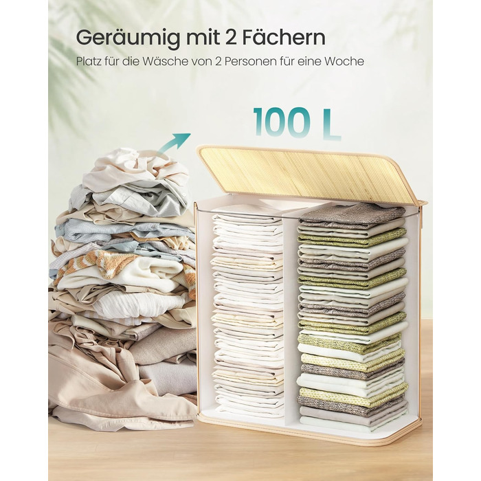 SONGMICS Кошик для білизни 95 л з кришкою, бамбук, з ручками, складний, знімний мішок для прання, для пральні, LCB060Y01