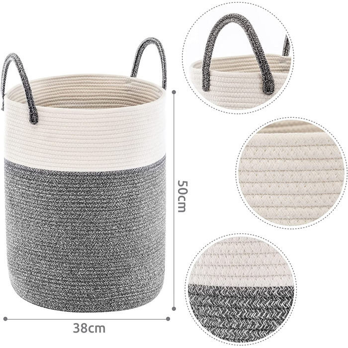 Кошик для білизни Youdenova плетені, 58л, ручка, ручна робота, бавовна, білий/коричневий, сірий (темний)