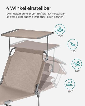Лежак для відпочинку SONGMICS, великий, розкладний, 200 x 71 x 38 см, вантажопідйомність 150 кг, з сонцезахисною капелюхом та регульованою спинкою, для саду, басейну, тераси, темно-сірий (Taupe)
