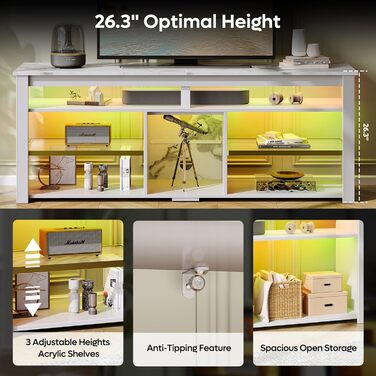 Тумба під телевізор Bestier 70 дюймів з підсвіткою LED, для PS5, біла мармурова - 160x33.8x66.8 см