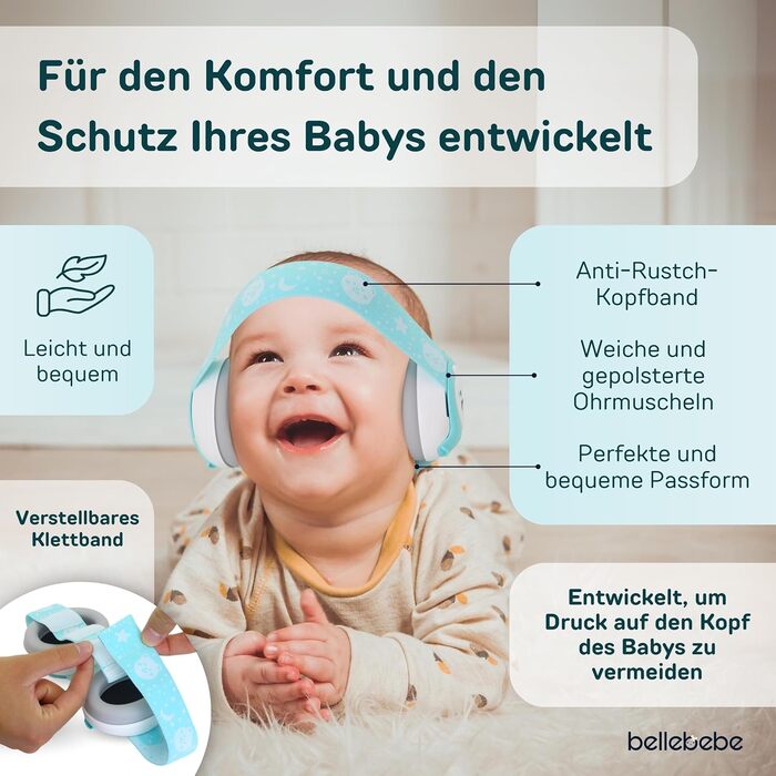 Захист вух BELLEBEBE Baby 0-36M, гіпоалергенний, без BPA, EN352-1, RoHS, CPC, регульований, мішок