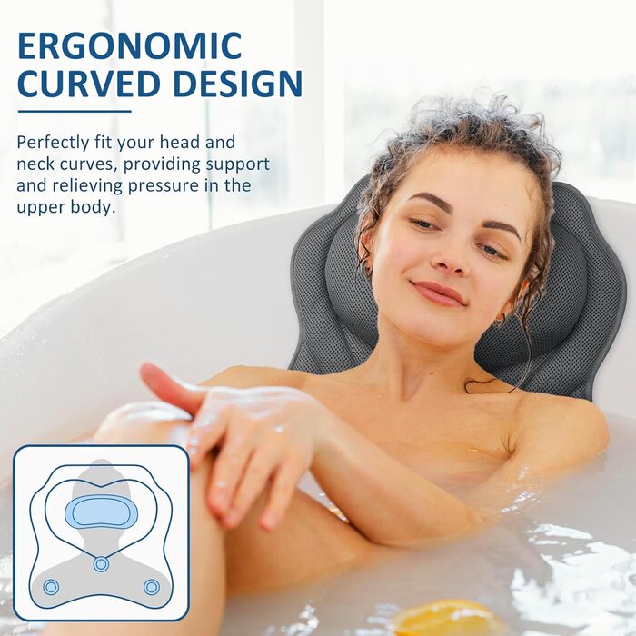Подушка для ванни LuxStep з Air-Mesh тканини та 6 антиковзними присосками, для підтримки голови, шиї та спини, аксесуар для ванної кімнати, сірий колір