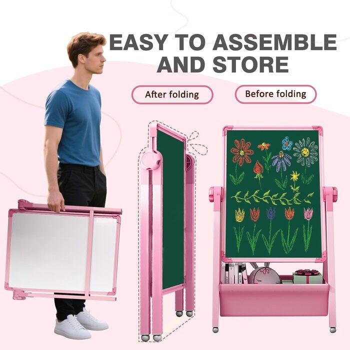 Дитяча мольберт Kinderstaffelei: двосторонній, сталевий, регульований, 360° обертання, дошка для малювання, крейда та маркери для хлопчиків та дівчаток