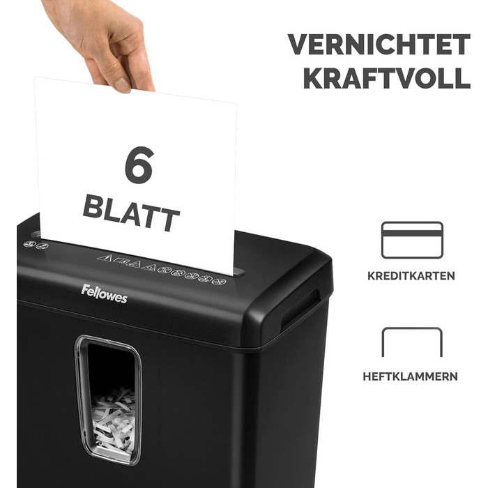 Fellowes Aktenvernichter 6 Blatt Partikelschnitt (P4): Шредер Fellowes FS-6C, 6 листів, P4, для дому та офісу, 15л, чорний