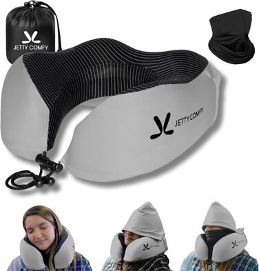 Подушка для шиї в подорожах з меморі-піною з капюшоном та захистом обличчя: підтримка шиї, зменшення навантаження та втоми, забезпечення приватності в літаку