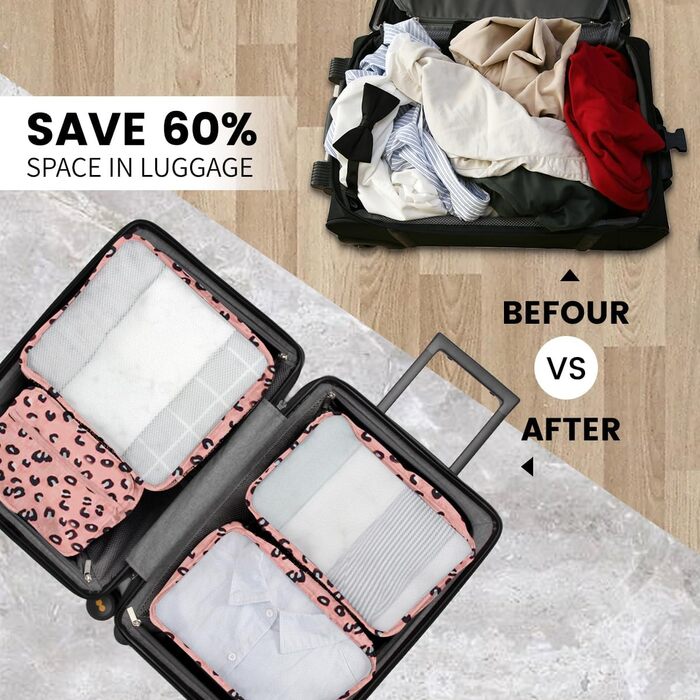 Набір органайзерів для валізи 12 предметів, водонепроникні пакувальні куби для подорожей та зберігання речей, принт леопард