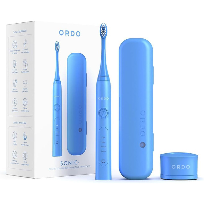 Електрична зубна щітка Ordo Sonic+ з кейсом для подорожі, фіолетового кольору (Арктичний блакитний). 4 режими чищення, швидка зарядка USB, для дорослих, смарт-технологія